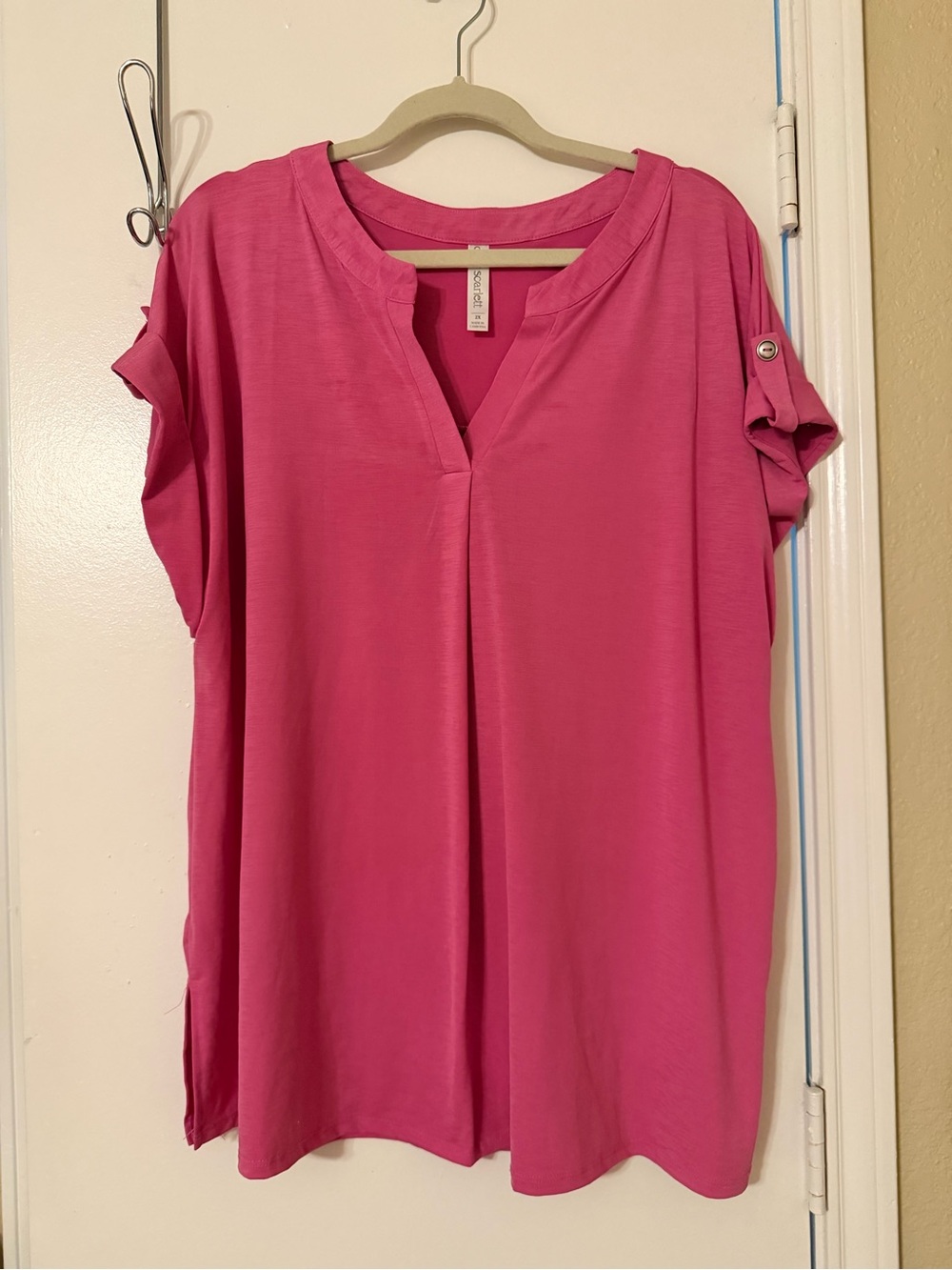 Dear Scarlett Hot Pink Split V-Neck Roll-Tab Sleeve Top